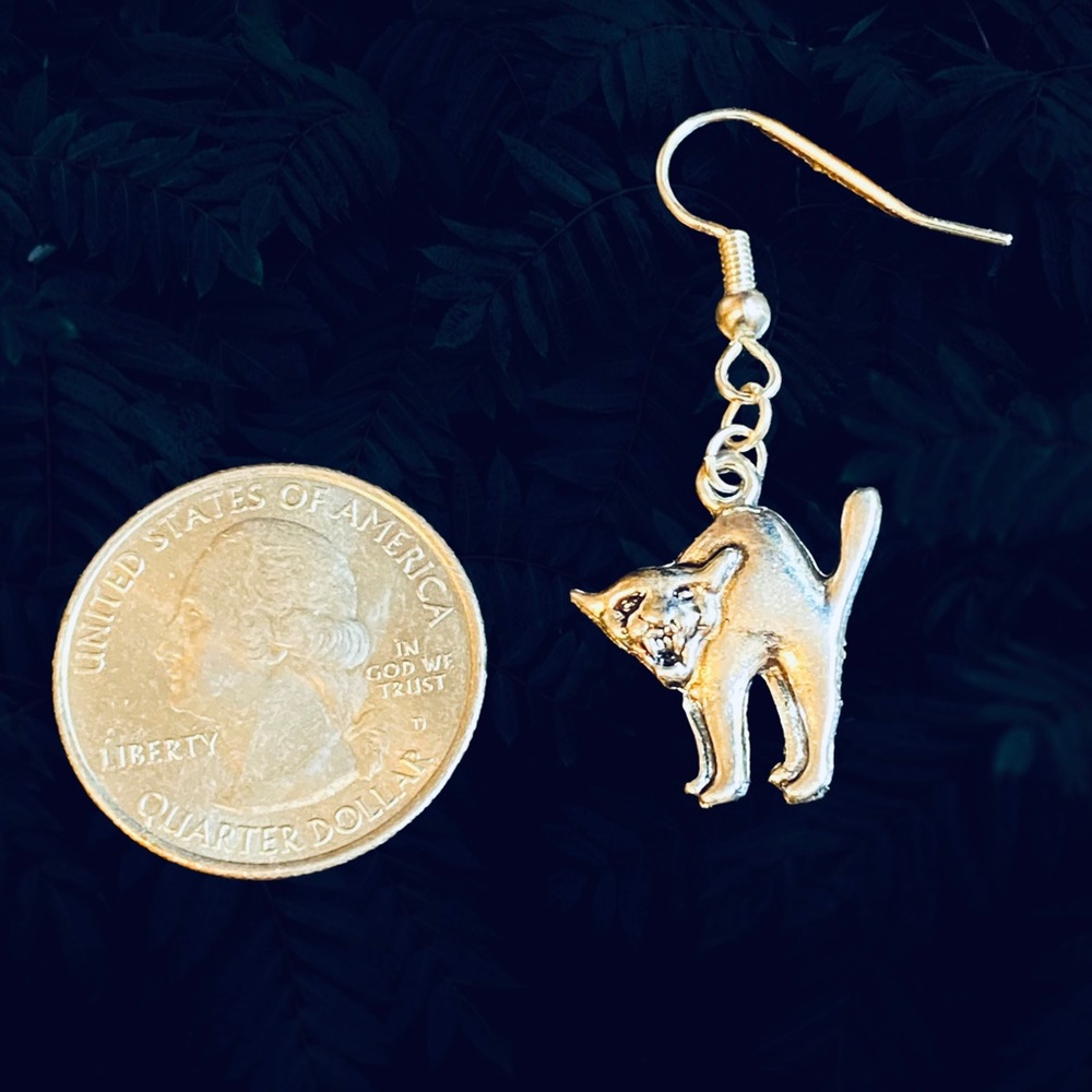 Hand Crafted Earrings Halloween Cat Charm Silver Metal Dangle Pierced - Picture 3 of 5
